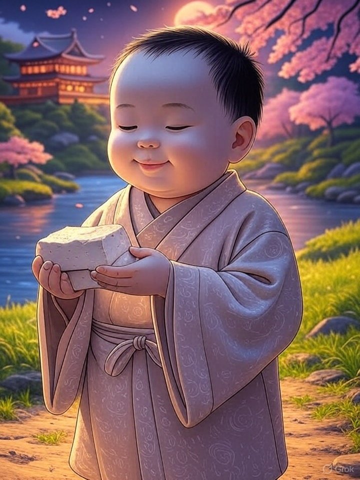 Yokai child holding tofu